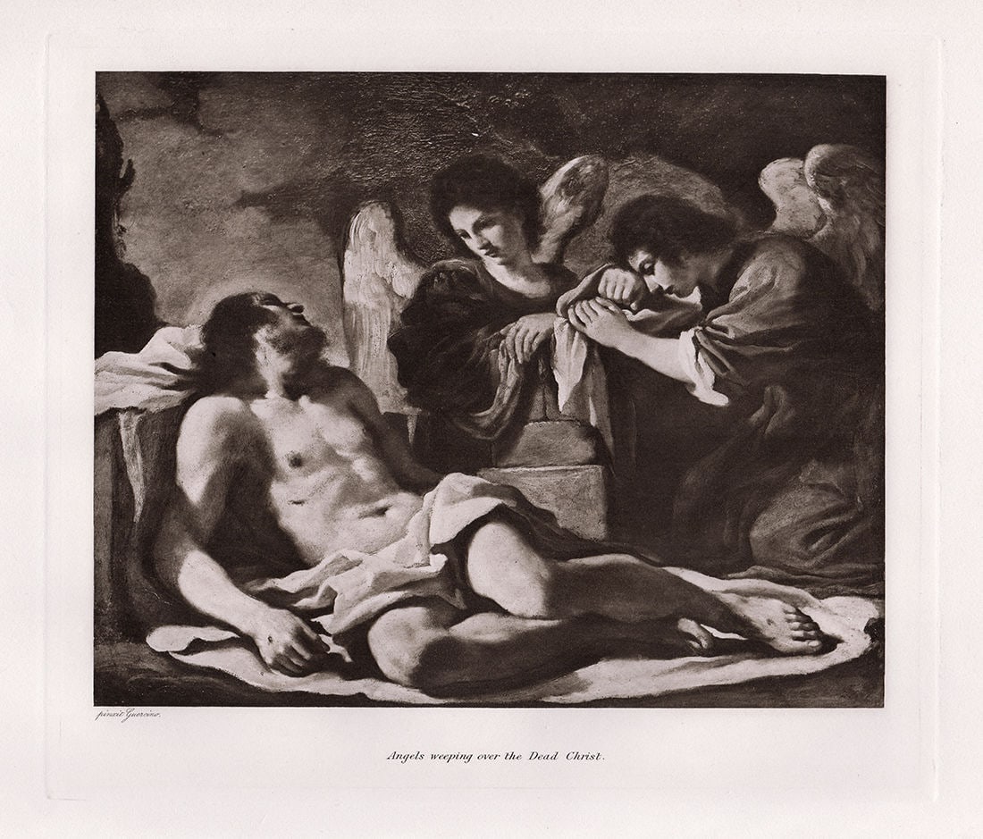 Guercino Angels Weeping over Dead Christ 1891 Print Framed: Guercino. (Giovanni Francesco Barbieri, or II Guercino) (Italian, 1591-1666). Angels Weeping over Dead Christ. Antique Heliogravure on wove paper after the original by a Master Engraver. 1891. Signed 