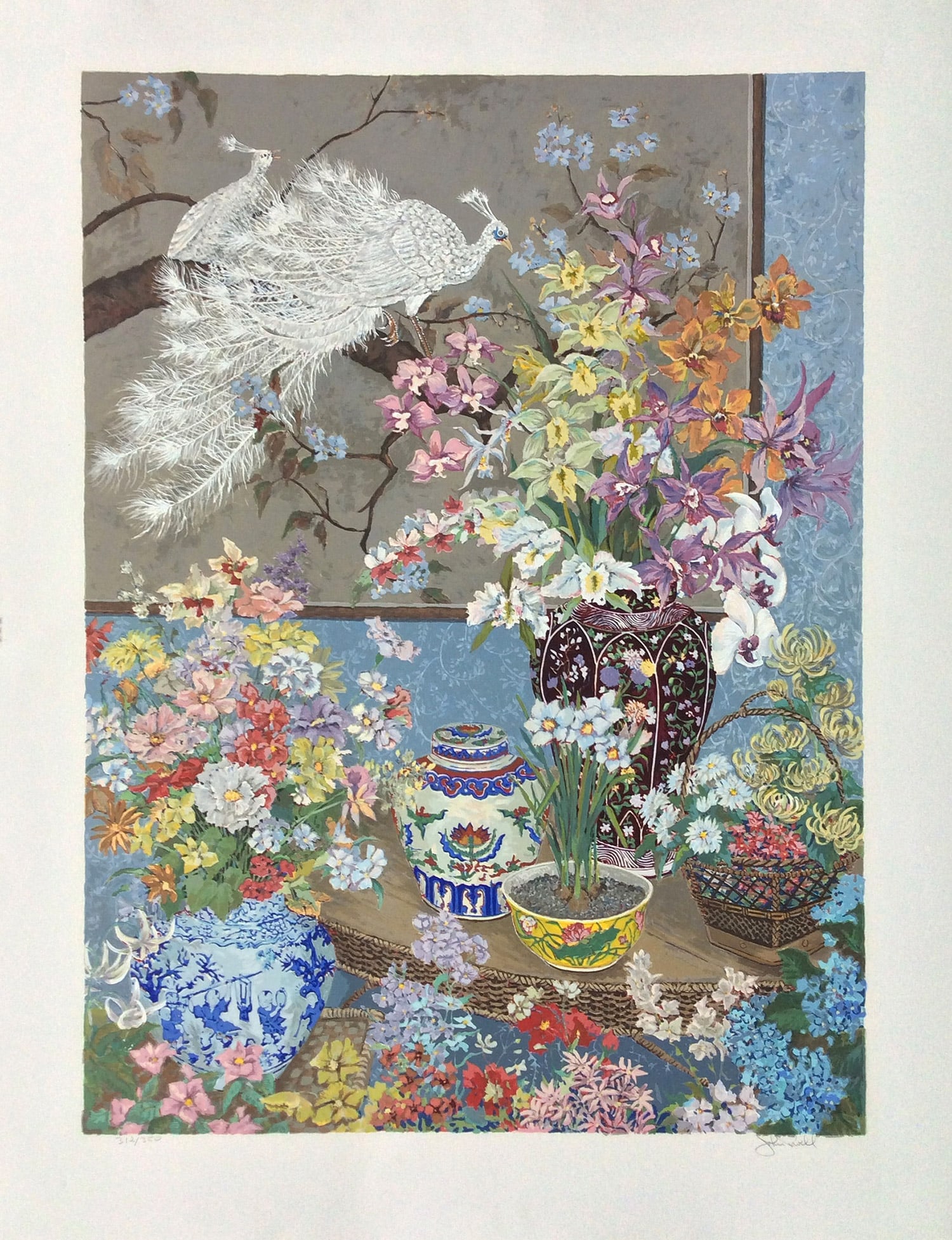 John Powell Peacock Screen Signed Original Serigraph: John Powell (b. 1930) American. Title: Peacock Screen. Medium: Original Color Serigraph Year: 1981. Edition Size: 312/350 Signature: Hand Signed by the Artist, lower right. Dimensions: Image Size 32 x