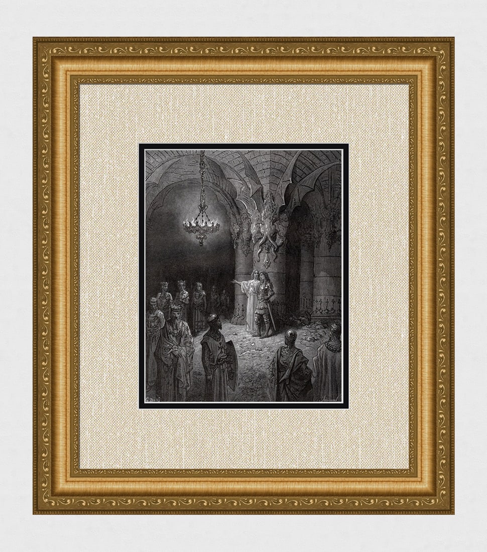 Gustave DORE 1800s Orlando Furioso Woodcut Melissa & Brandamante FRAMED Signed: Gustave Dore (Paul Gustave Louis Christophe Dore )(French, 1832-1883). Melissa shows Brandamante the Noble Descendants of her future union with Ruggiero (Orlando Furioso 3:24). Antique woodcut on wove
