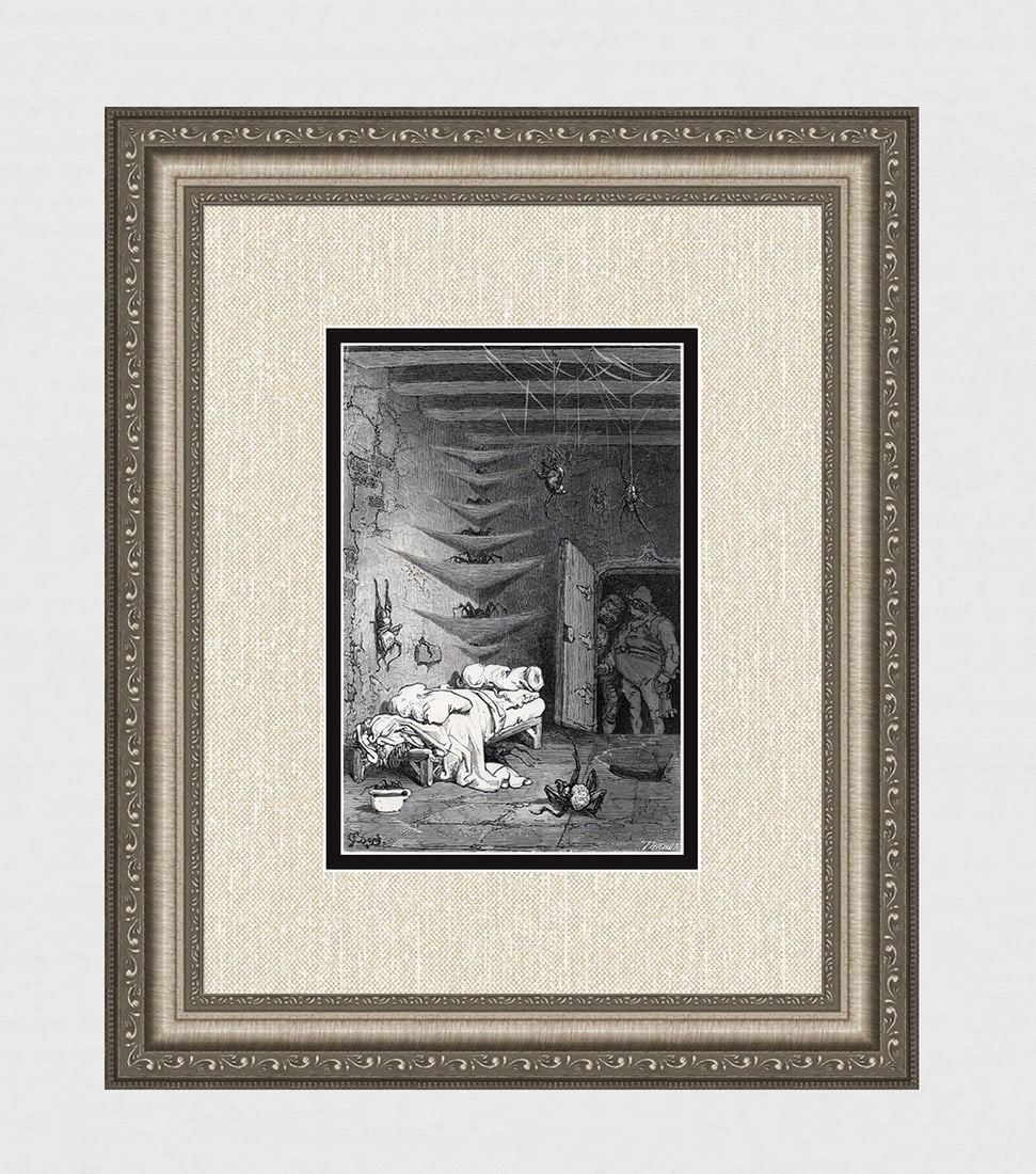 1800's Gustave Dore Wood Engraving Spare bed at the Crocodile Signed Framed: Gustave Dore (Paul Gustave Louis Christophe Dore) (French, 1832-1883). The Spare bed at the Crocodile (a scene from the The Days of Chivalry or Legend of Croquemitaine (bogeyman), by Thomas Hood the Y