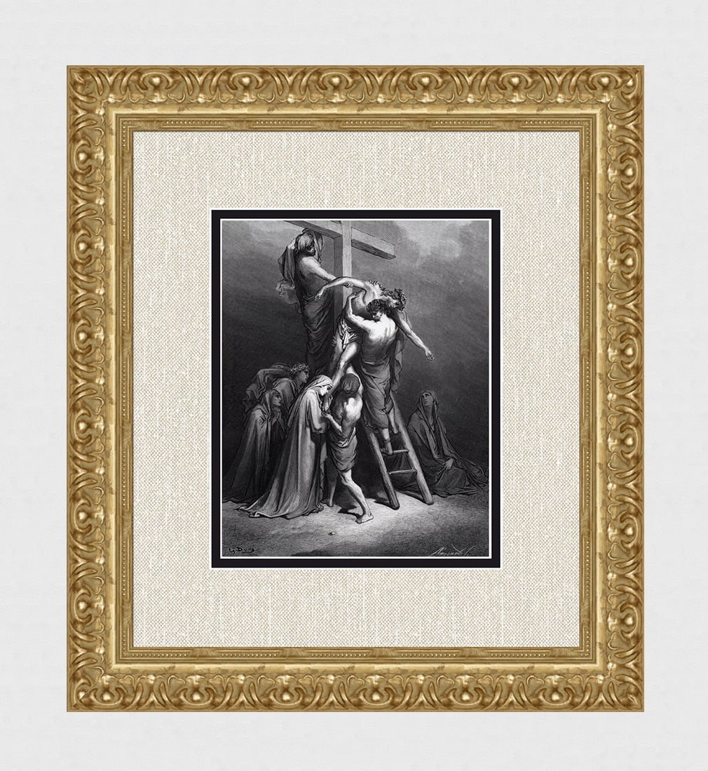 1800s Gustave DORE'S BIBLE Woodcut The Descent from the Cross SIGNED FRAMED: Gustave Dore(Paul Gustave Louis Christophe Dore) (French 1832-1883). The Descent from the Cross (from Dore's Bible). Antique woodcut wove paper after the original by a master wood engraver Adolph
