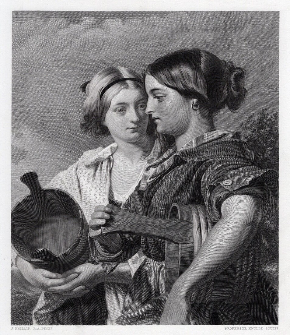 JOHN PHILLIP 1800s Antique Engraving "Scottie Lassies" Signed Framed: John Phillip (British, 1817-1867). Scottish Lassies. Antique engraving on wove paper after the original by master engraver Friedrich Knolle (German, 1807-1877). Year: 1867. Signed in the plate. Image 