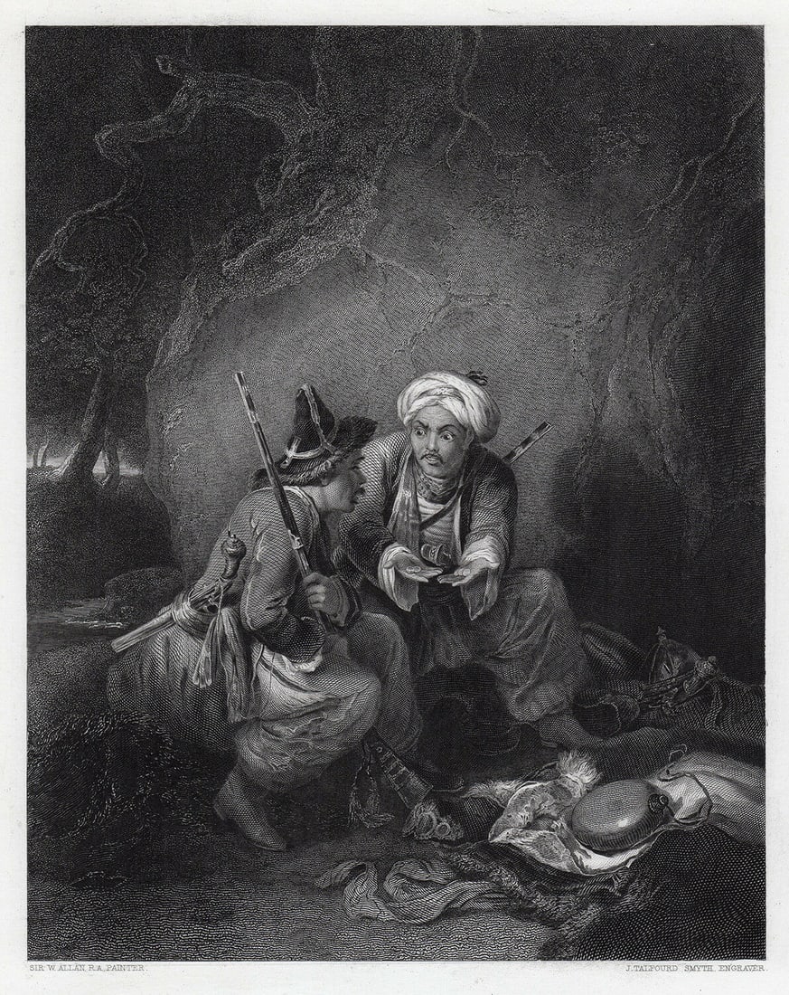 Sir William Allan Arabs Dividing Spoil (Tartar Robbers Dividing Spoil) 1850 engraving: Sir William Allan. (Scottish, 1782 - 1850). Arabs Dividing Spoil (Tartar Robbers Dividing Spoil). Antique Engraving on wove paper after the original Oil paint on mahogany by master engraver John T. Sm
