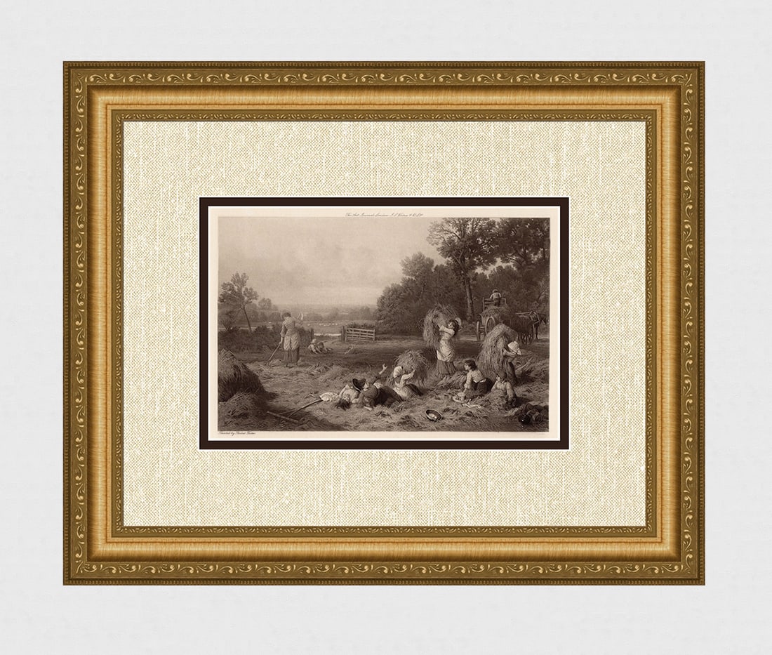 Beautiful Myles Birket Foster 1800s Antique Print "Haymakers" FRAMED SIGNED COA: Myles Birket Foster (English, 1825-1899). The Haymakers. Antique heliogravure after the original oil on canvas by a Master Engraver. Year: 1898. Signed in the plate, lower left. Image Size 6 3/8 x 9