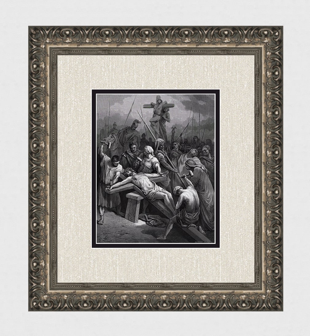 Gustave DORE'S BIBLE SIGNED 1800s Wood Engraving Christ Nailed to the Cross FRAMED: Gustave Dore(Paul Gustave Louis Christophe Dore) (French, 1832-1883). Nailing Christ To The Cross (from Dore's Bible). Antique Wood Engraving wove paper after the original by a master wood engravers