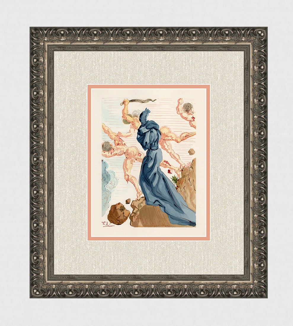 1960 Salvador Dali Hard Margins Authentic Woodcut Signed: Salvador Dali. (1904-1989). "The Hard Margins" Enferno Canto 15. Block Engraved Signature. Authentic Original Color Woodcut from The Divine Comedy Printed in 1960 on B.F.K. Rives Paper ( this is not