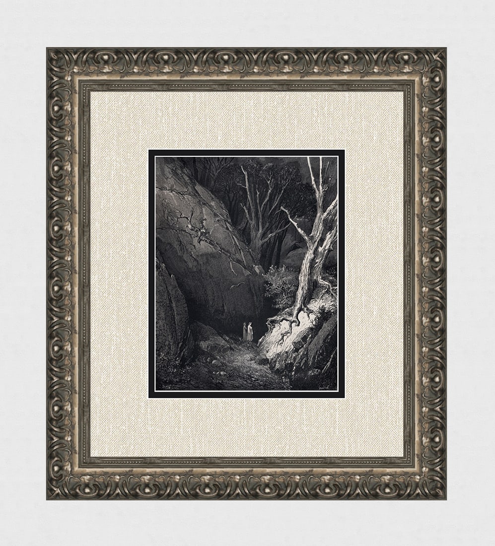 SIGNED 1800s Gustave DORE DIVINE COMEDY Wood Engraving Dante's Meets Virgil FRAMED: Gustave Dore (Paul Gustave Louis Christophe Dore) (French, 1832-1883).Chant 1 Dante and Virgil leaving the Dark Wood (Divine Comedy, Inferno). Antique Wood Engraving wove paper after the original by