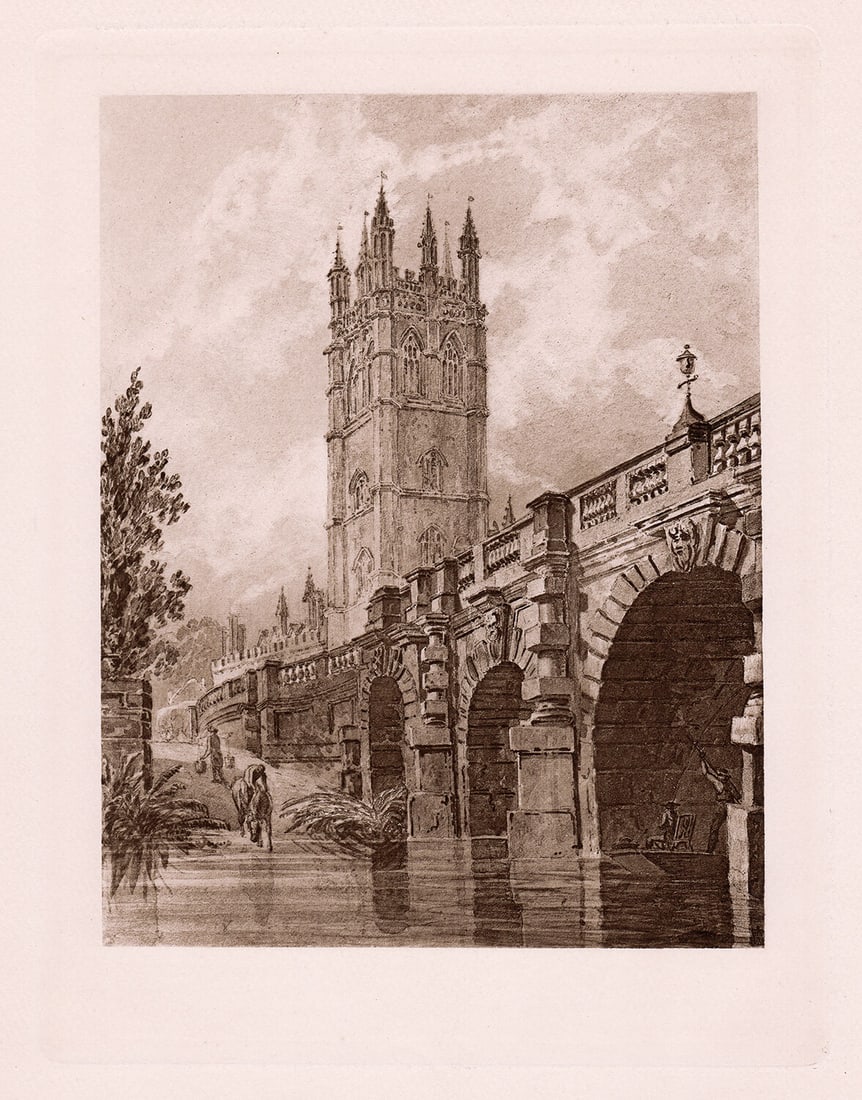 Joseph Mallord William Turner Magdalen Bridge and Tower 1891 watercolor: Joseph Mallord William Turner. (English, 1775-1851). Magdalen Bridge and Tower. Antique Heliogravure on thick wove paper after the original watercolor and graphite on paper by a Master Engraver.
