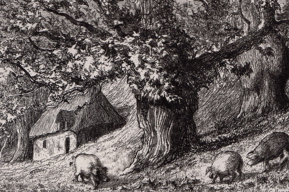 1874 Philip Gilbert Hamerton Ancient Chestnuts etching signed - 2