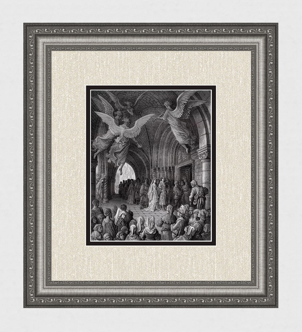 1800s DORE Orlando Furioso Woodcut Olimpia & Bireno FRAMED SIGNED: Gustave Dore (Paul Gustave Louis Christophe Dore )(French, 1832-1883). The wedding of Olimpia and Bireno. (From Orlando Furioso). Antique woodcut on wove paper after the original Illustration by