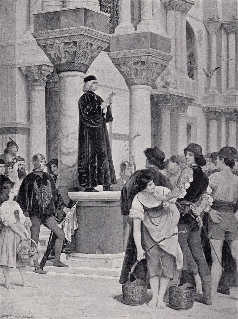 Jacques Wagrez 1800s Antique Print Proclaiming the Edict FRAMED Signed: Jacques-Clement Wagrez (Paris 1846-1908). Proclaiming the Edict. Antique Heliogravure after the original. Year: c. 1890. Signed in the plate, lower left. Image Size 7 1/2 x 10 1/8 inches. Framed