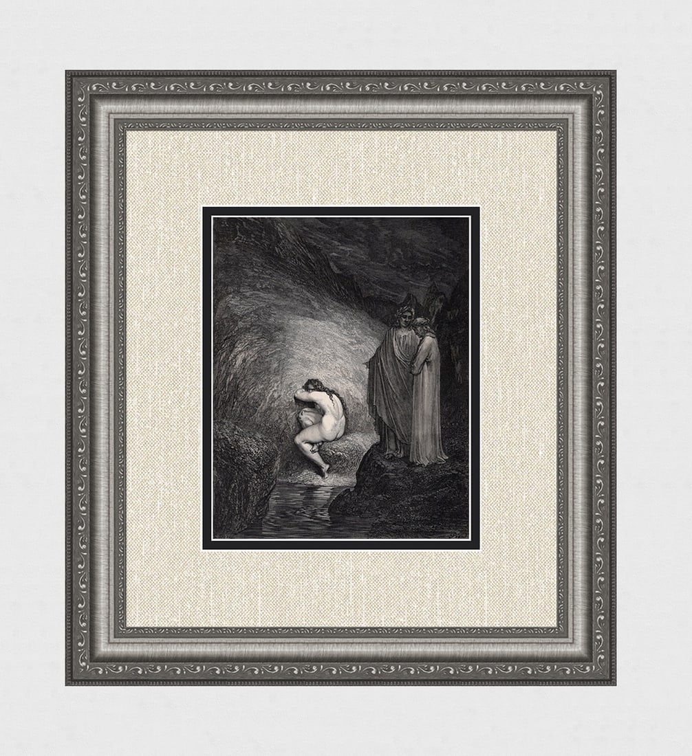 1800s DIVINE COMEDY Gustave Dore Wood Engraving "Raging Shade Myrrha" FRAMED Signed COA: Gustave Dore (Paul Gustave Louis Christophe Dore) (French, 1832-1883). Chant 30. Myrrha (Dante's Divine Comedy Enferno). Antique Wood Engraving wove paper after the original by master wood engraver