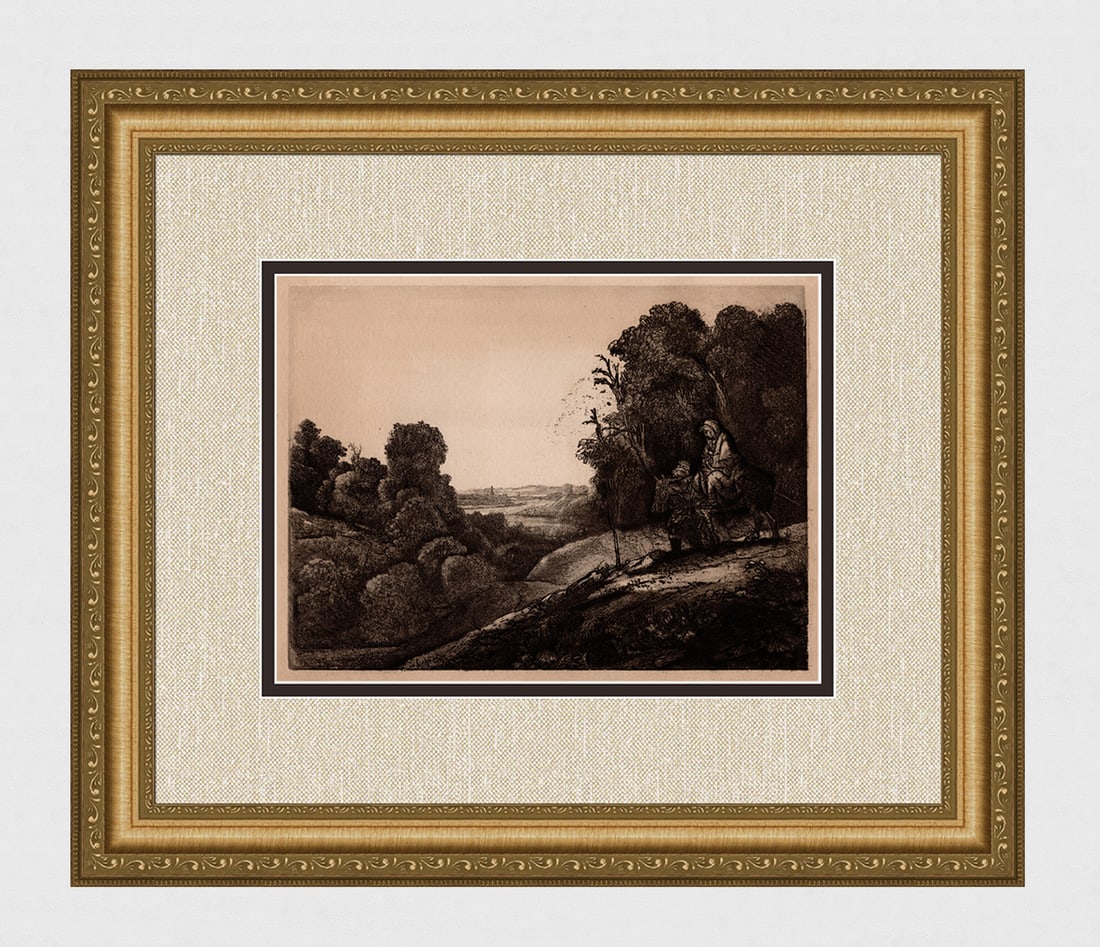 1800s REMBRANDT B56 Etching Flight into Egypt Durand Framed: After Rembrandt Harmenszoon Van Rijn (1606-1669). The Flight into Egypt: Altered from Seghers. Antique hand pulled copper plate etching on laid paper after the original by master etcher Amand Durand (