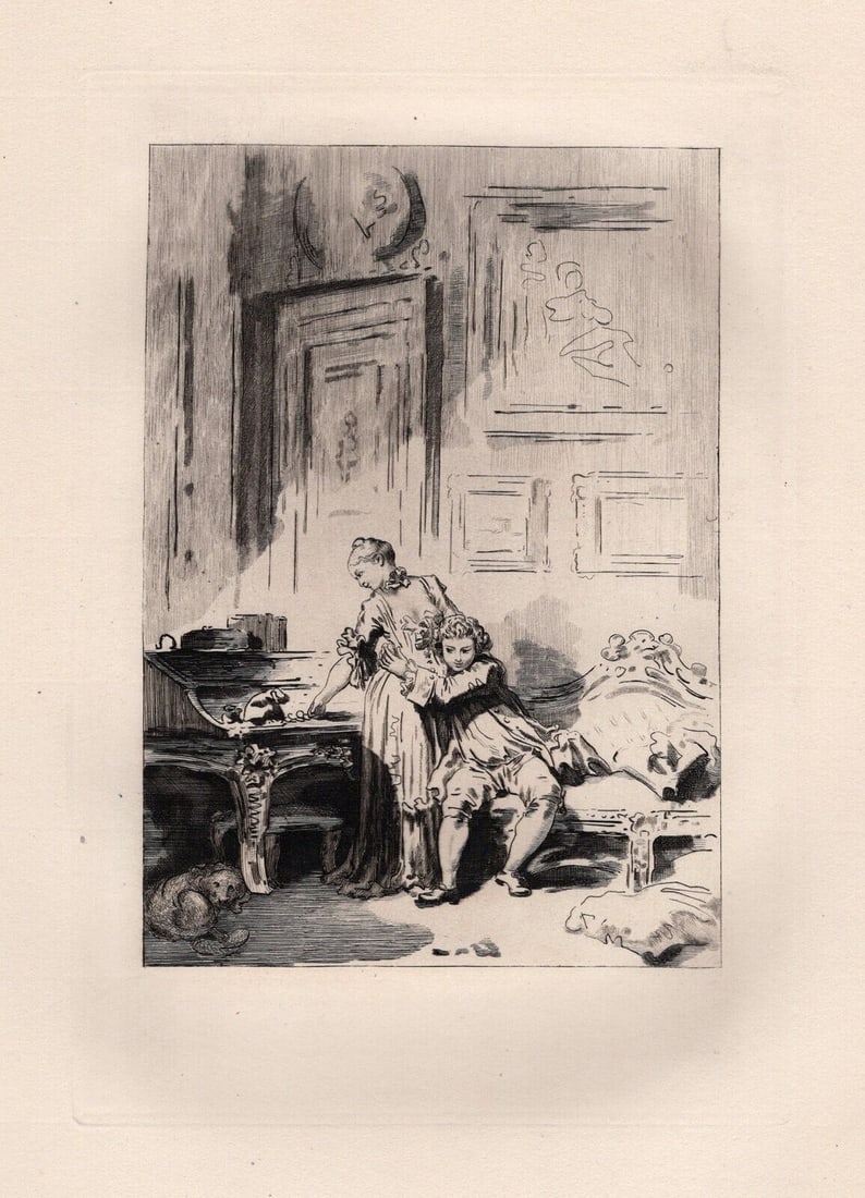 1800s Jean-Honore Fragonard Limited Etching La Femme Avare Framed: Jean-Honore Fragonard (French, 1732 - 1806). A Woman Miser Gallant Swindler (A Femme Avare Galant Escroc) (from Conte de La Fontaine). Antique etching on laid paper after the original by master engrav
