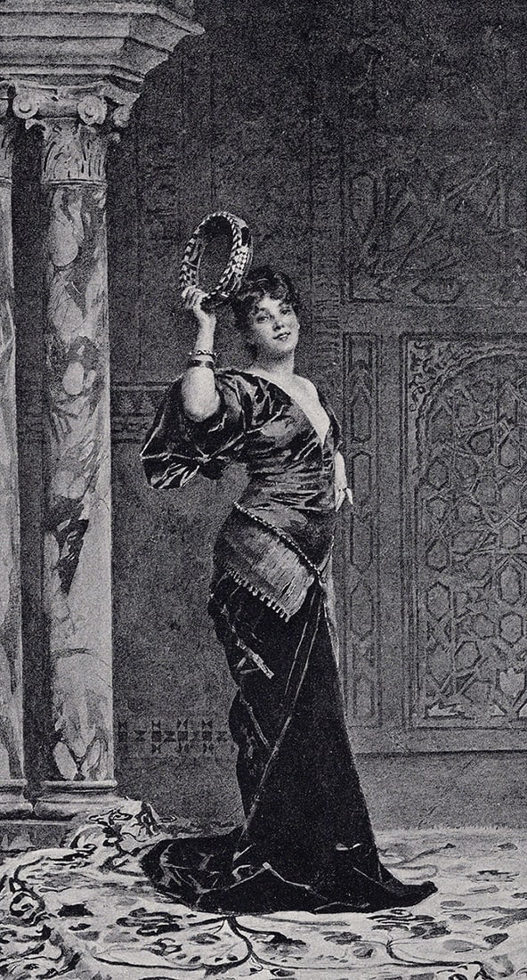 Alexandre-Louis Leloir 1800s Antique Print Tambourine Lady SIGNED Framed: Alexandre-Louis Leloir (French, 1843 - 1884). The Woman with the Tambourine (An Eastern Dancer). Antique print after the original. Year: c.a1890. Signed in the plate, lower right. Image Size 6 5/8 x 1