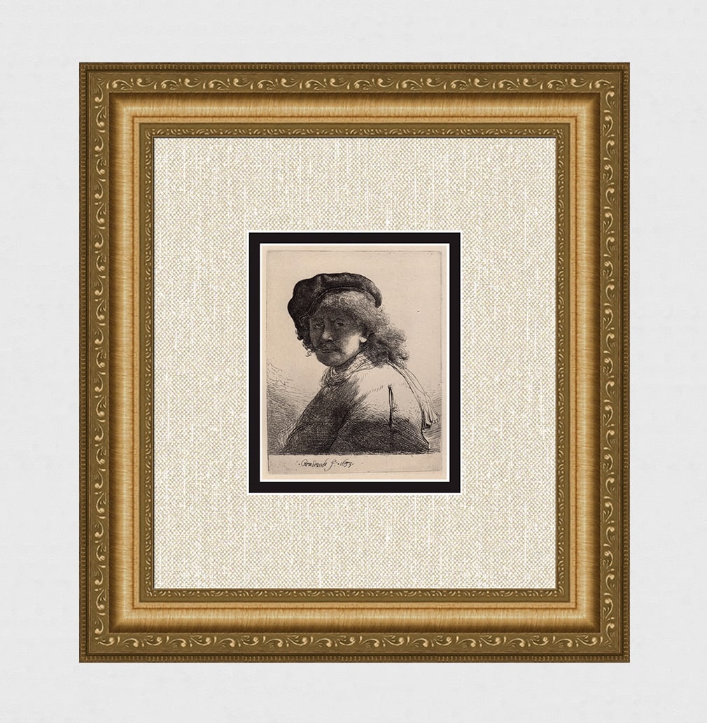 1800s REMBRANDT B17 Etching Self Portrait Cap and Scarf Signed DURAND: After Rembrandt Harmenszoon Van Rijn (1606-1669). Title: Self Portrait in a Cap and Scarf with the Face Dark. Medium: Antique hand pulled copper plate etching on laid paper after the original by maste
