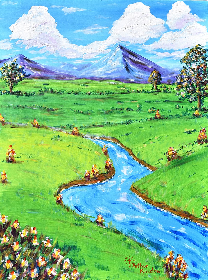 Arthur Kinslow Orginal Painting Mountain View 30 x 40 Inches: Arthur Kinslow ( American, 1955 - ) To the Far Blue Mountains. Original Acrylic on Canvas.Signed by the artist lower right. Canvas Size 30 x 40 inches. Arthur Kinslow has been involved in art his enti
