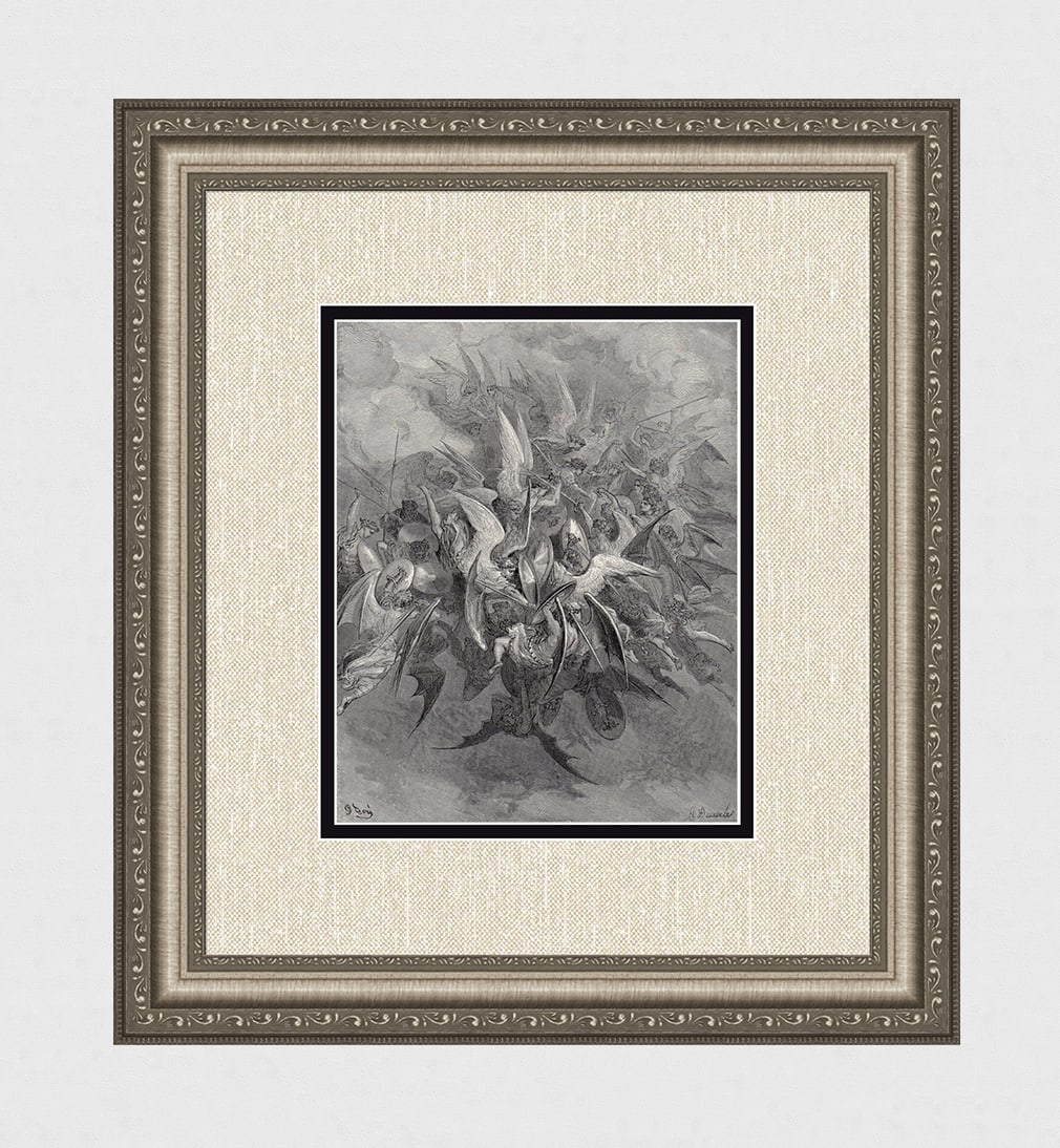 Gustave Dore Battle of the Angels (Milton's Paradise Lost) c. 1880 Woodcut Signed: Gustave Dore (Paul Gustave Louis Christophe Dore) (French, 1832-1883). The Battle of the Angels (Milton's Paradise Lost). Antique woodcut wove paper after the original by a master wood engraver. c. 18