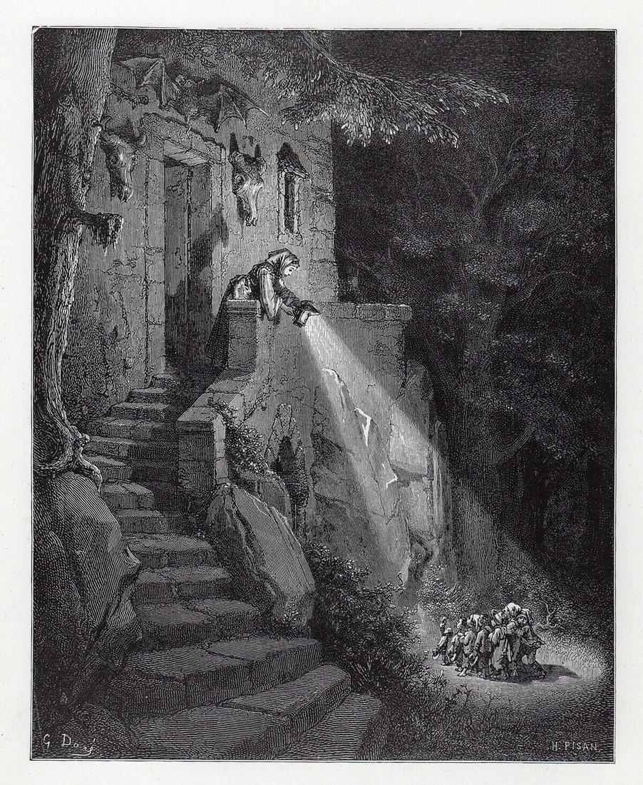 Gustave Dore Little Tom Thumb IX 1880 Wood Engraving: Gustave Dore. Little Tom Thumb IX. Antique Wood Engraving on thick wove paper after the original by a Master wood engraver. 1880. Image size 7 1/2 x 9 3/8 inches. Framed dimensions: Approximately 17 x