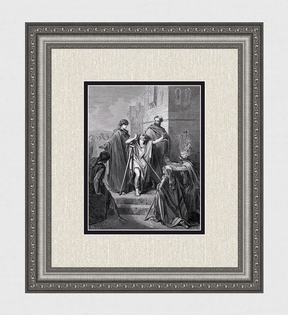FRAMED 1800s Gustave DORE Wood Engraving The Lame Man Walks SIGNED (1 of 3)