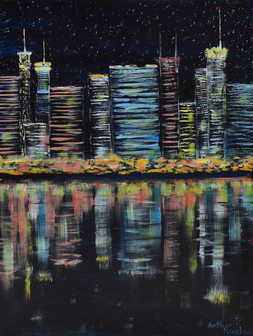 Arthur Kinslow Orginal Painting Cityscape V 30 x 40 Inches: Arthur Kinslow ( American, 1955 - ) Cityscape V. Original Acrylic on Canvas.Signed by the artist lower right. Canvas Size 30 x 40 inches. Arthur Kinslow has been involved in art his entire life and be