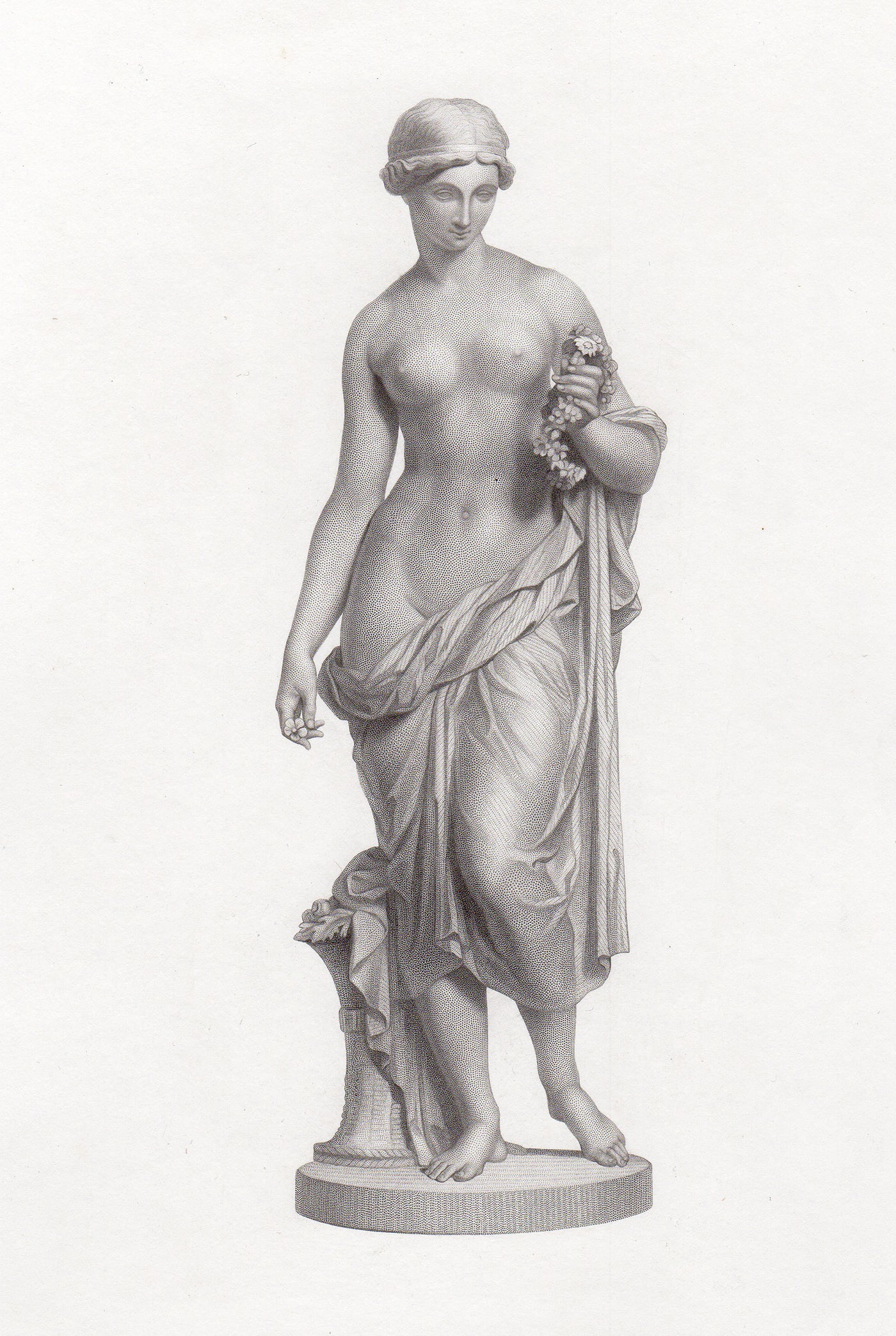 Richard James Wyatt Flora 1853 engraving: Richard James Wyatt. (British, baptised 1795 - 1850). Flora. Antique engraving on wove paper after the original marble statue by master engraver J. H. Baker. 1853. Excellent. Sight Size 5 1/2 x 9 1/2 