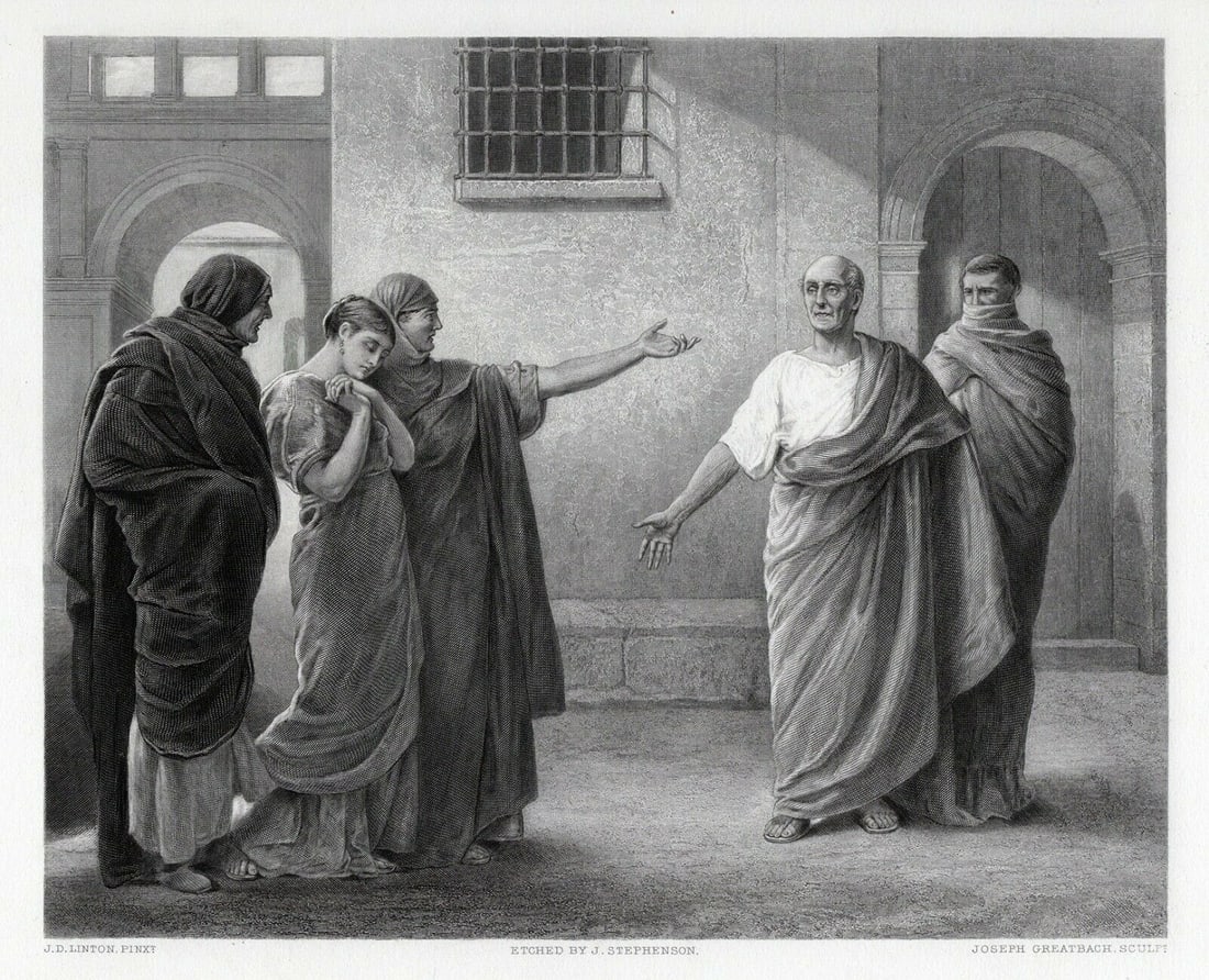 1800s James Dromgole Linton Engraving The Volumnia Reproaching FRAMED SIGNED COA: Sir James Dromgole Linton (English, 1840 - 1916). The Volumnia Reproaching Brutus and Sicinius. Antique engraving on wove paper after the original by master engravers James Stephenson (English, 1808-1