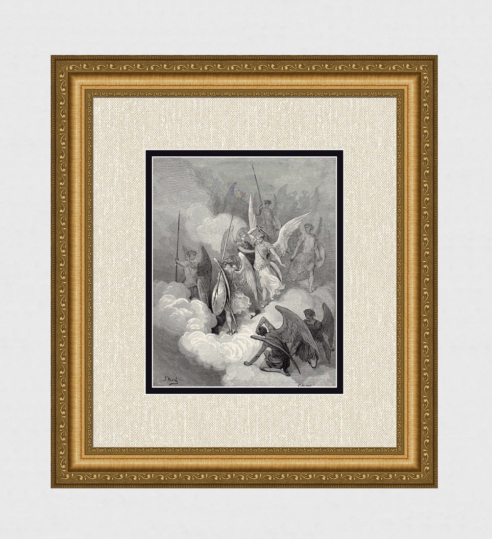 Gustave Dore Abdiel Attacks Satan (Milton's Paradise Lost) c. 1880 Woodcut Signed: Gustave Dore (Paul Gustave Louis Christophe Dore) (French, 1832-1883). Abdiel Attacks Satan (Milton's Paradise Lost). Antique woodcut wove paper after the original by master wood engraver Jean Marie J