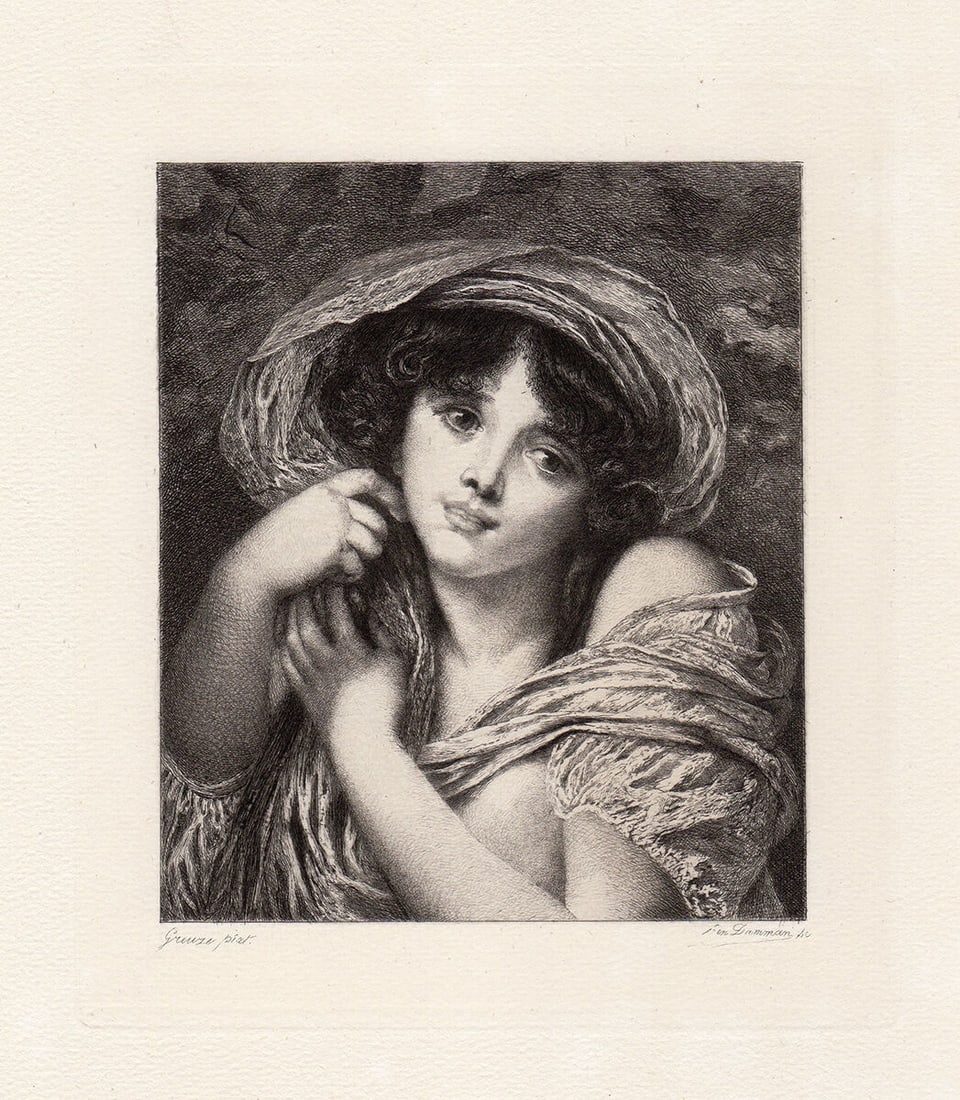 1884 Jean Baptiste Greuze Head of a Girl etching signed: Jean Baptiste. Greuze. "Head of a Girl". Etching on thick laid paper after the original oil on canvas by Master Etcher Damman. 1884. Signed in the plate. Excellent. Framed dimensions approximately 15 