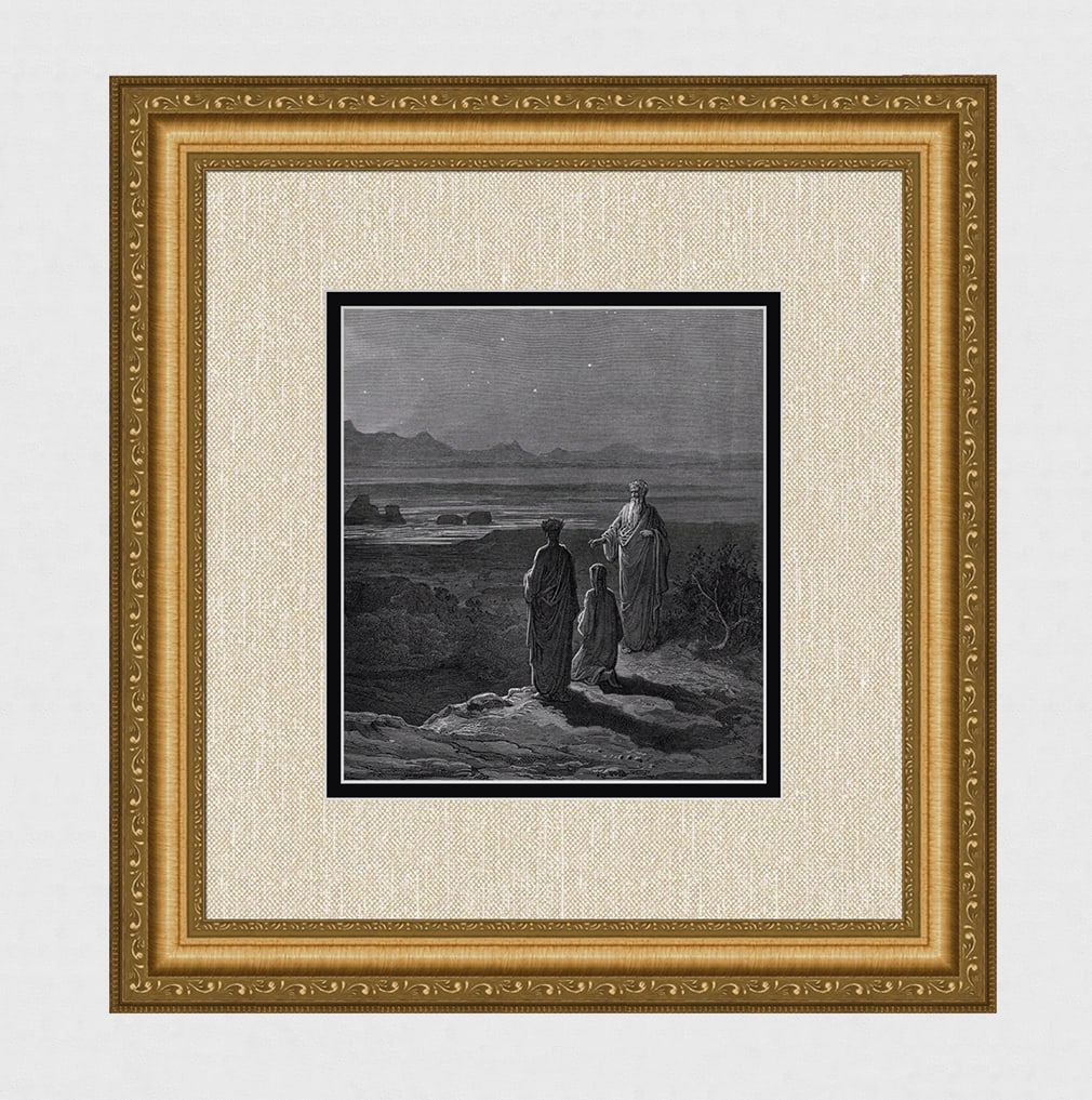 1800s GUSTAVE DORE Divine Comedy Woodcut "The Poet meets Cato" FRAMED Signed: Gustave Dore (Paul Gustave Louis Christophe Dore) (French, 1832-1883). Chant 1 Dante, Virgil, and Cato of Utica (from Dante's Divine Comedy Purgatory). Antique woodcut on wove paper after the original