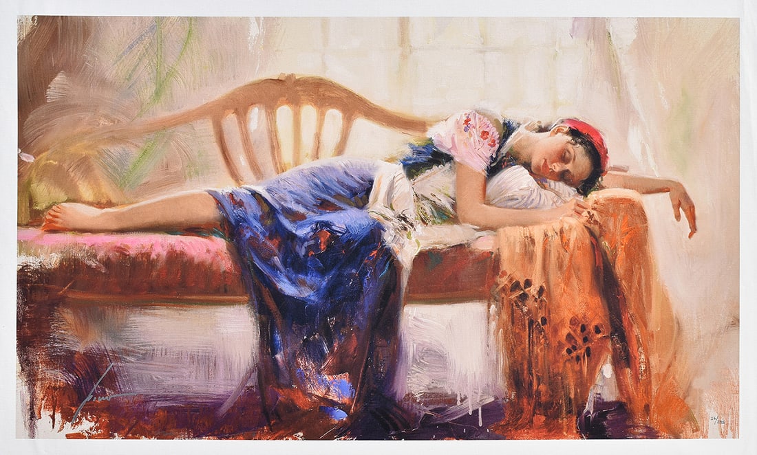 Charming SIGNED PINO Canvas Giclee "Resting Young Beauty" Limited Edition: Giuseppe Pino Dangelico (1939-2010). At Rest. Limited edition giclee on canvas. Signed lower left in metallic silver and numbered lower right. Numbered from 295. Image size 24 x 40 inches. Giuseppe