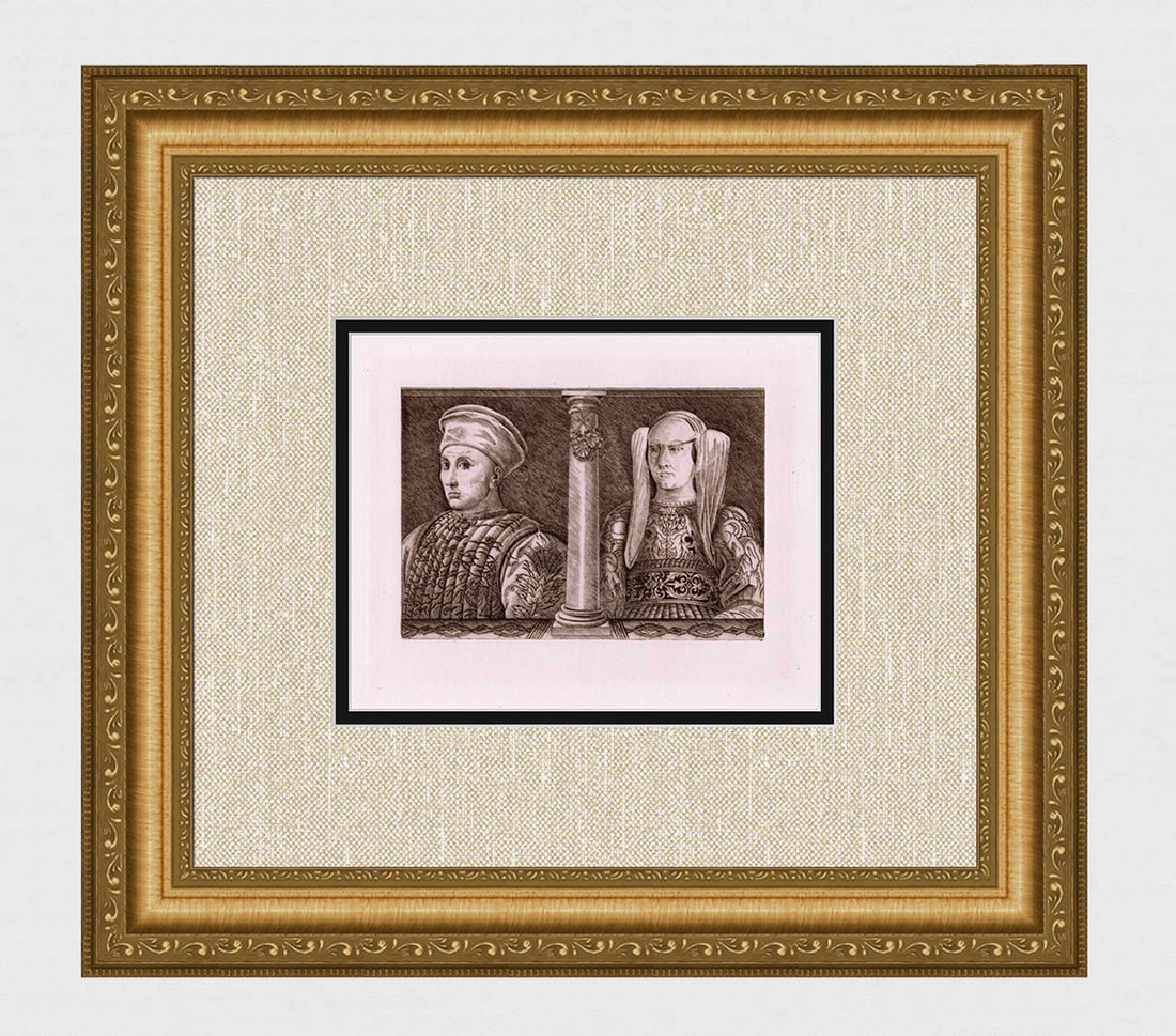 Andrea Mantegna Ludovico Gonzaga 1877 Engraving: Andrea Mantegna (Italian, c. 1431-1506). Ludovico Gonzaga and his Wife. Image Size 5 7/8 x 7 1/2 inches. Antique Steel Engraving on Laid Paper after the original by Renowned Master Engraver Amand