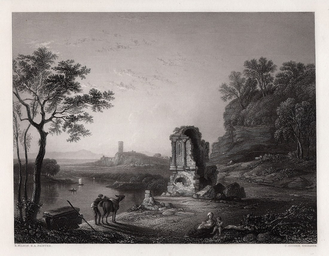 RICHARD WILSON 1800s Engraving The Ruined Castle Temple SIGNED Framed: Richard Wilson (Welsh, 1714 - 1782). The Ruined Temple. Antique engraving on wove paper after the original by master engraver Charles Cousen (British, c. 1819-1889). Year: 1854. Signed in the plate. I