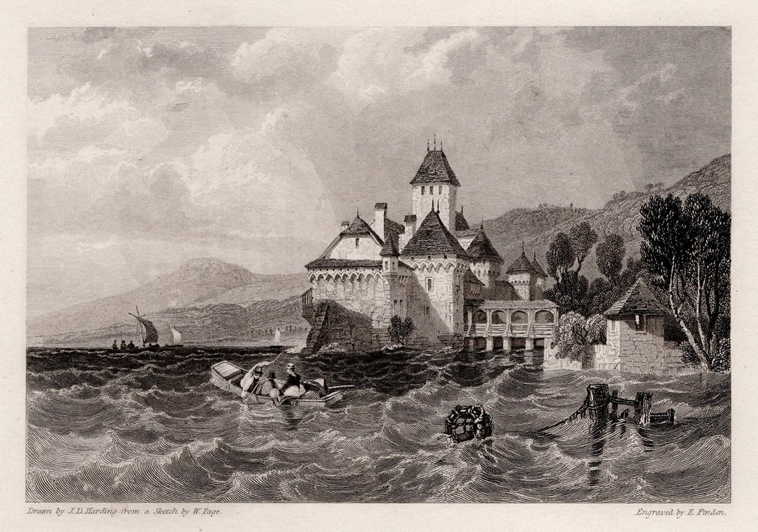 J. D. Harding 1800s Engraving Castle of Chillon from the Lake SIGNED FRAMED: James Duffield Harding (English, 1798 - 1863). The Castle of Chillon. Antique engraving on wove paper after the original sketch by (William Page British, 1794-1872) by master engraver William Finden