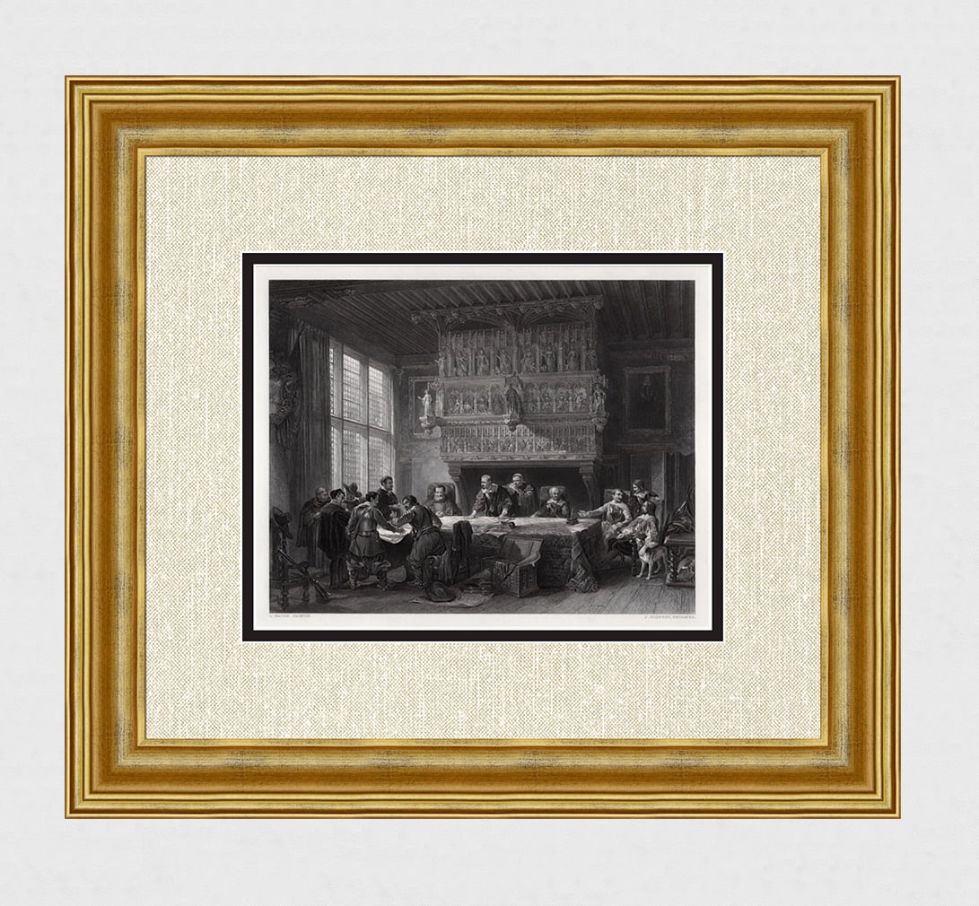 FRAMED 1800s Louis Haghe Engraving Council of War at Courtray SIGNED: Louis Haghe (British 1806-1885). The Council of War at Courtray. Antique engraving on wove paper after the original by master engraver John Godfrey (British, 1817-1889). Year: 1854. Signed in the