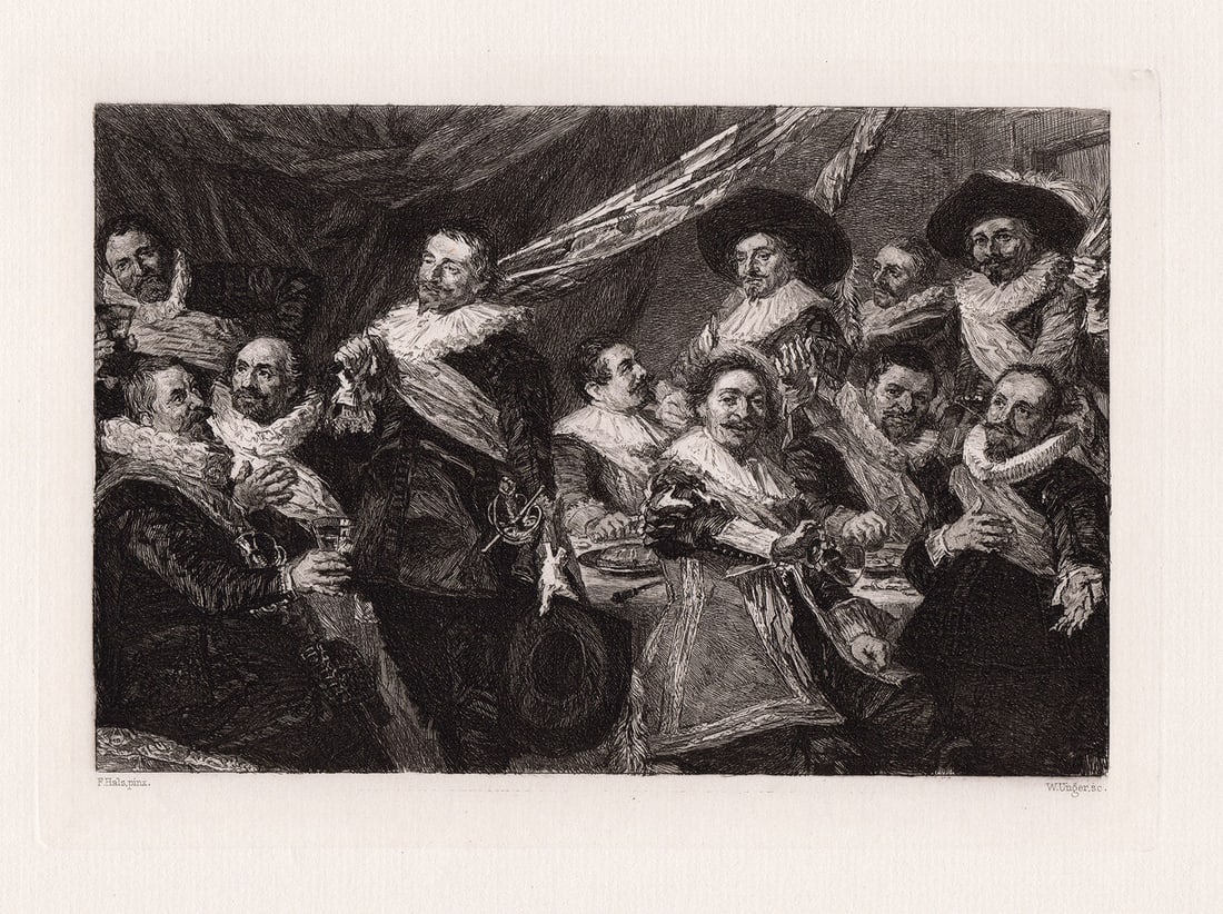 Frans Hals 1874 etching Banquet of the Civic Guard of St. George signed: Frans Hals. (Frans Hals the Elder) (Dutch, 1582-1666). Banquet of the Civic Guard of St. George. Antique Etching on laid paper after the original by master etcher William Unger (German 1837-1932).