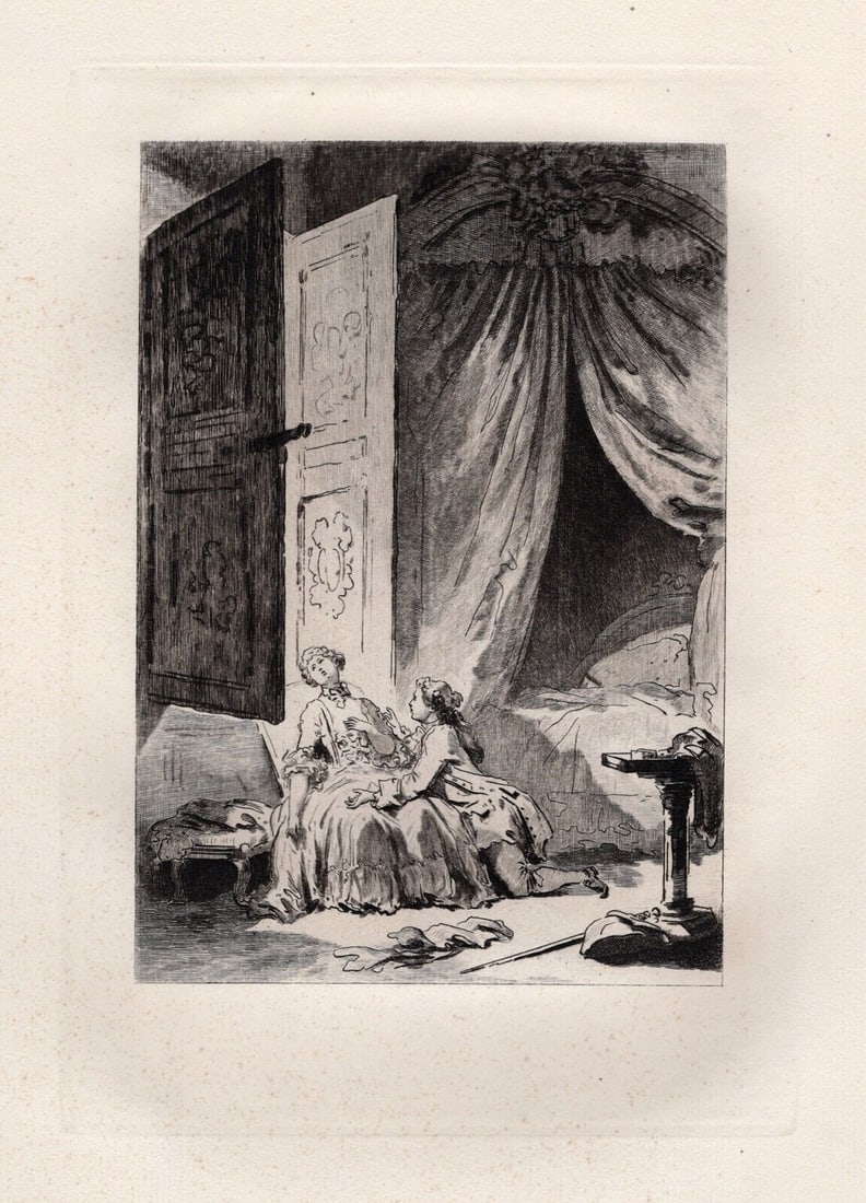 Jean-Honore Fragonard Limited 1800s Etching Fontaine "In Distress" Framed: Jean-Honore Fragonard (French, 1732 - 1806). Richard Minutolo (from Conte de La Fontaine). Antique etching on laid paper after the original by master engraver Adolphe Martial Potemont (French,