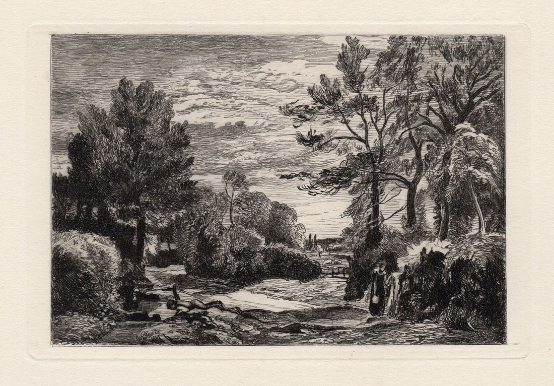 John Constable Landscape 1875 etching: John Constable. (English, 1776- 1837). Untitled Landscape. Antique etching on thick laid paper after the original by master etcher Richard Samuel Chattock (English, 1825 - 1906). 1875. Excellent.