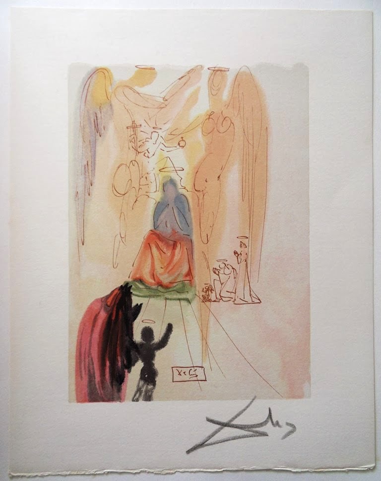 1960 Salvador Dali Triumph Authentic Woodcut: Salvador Dali. (1904-1989). "The Triumph of Christ And the Virgin" Paradise Canto 23. Authentic Original Color Woodcut from The Divine Comedy Printed in 1960 on B.F.K. Rives Paper ( this is not a repr
