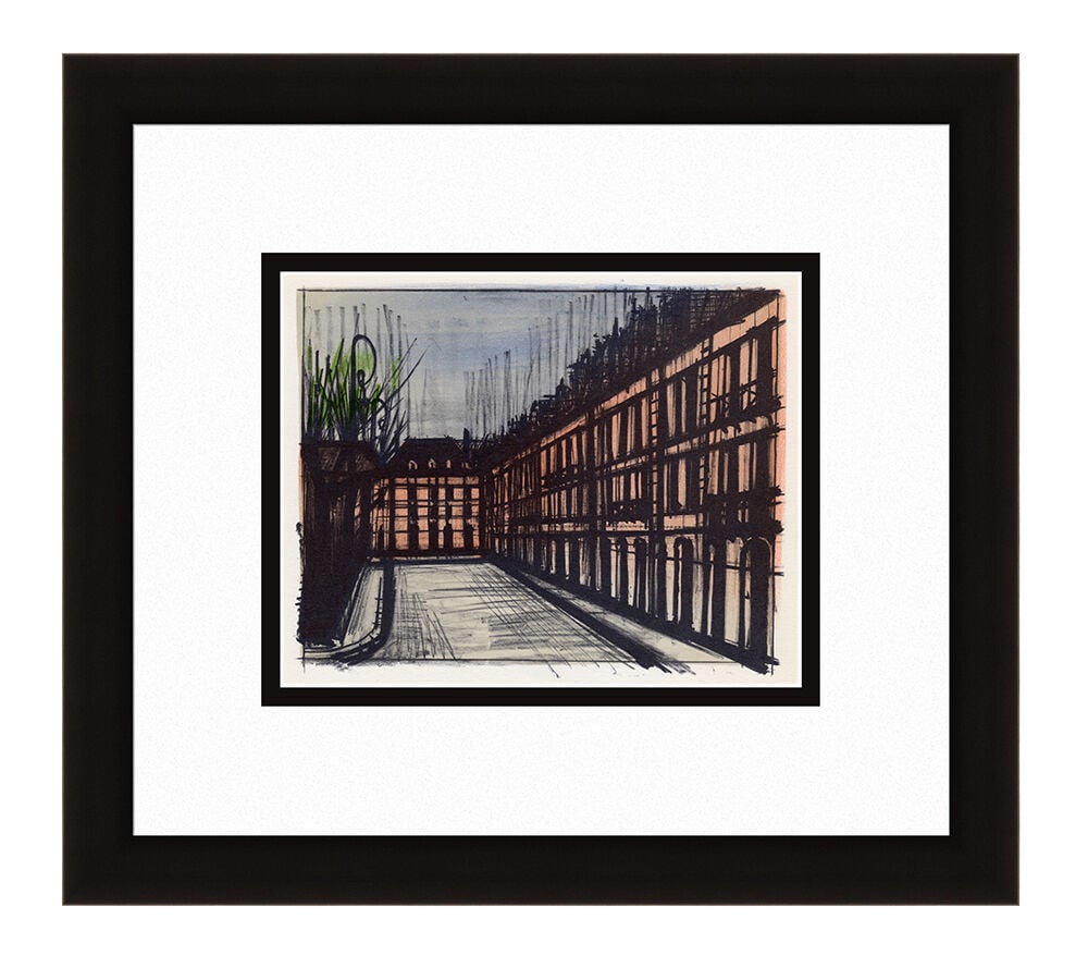 Bernard Buffet La Place des Vosges 1967 lithograph: Bernard Buffet. (1928-1999). La Place des Vosges. Color Lithograph on wove paper after the original. 1967. Excellent. Atelier Mourlot. Image size 7 1/4 x 9 inches. Approximately 16 x 18 inches. This