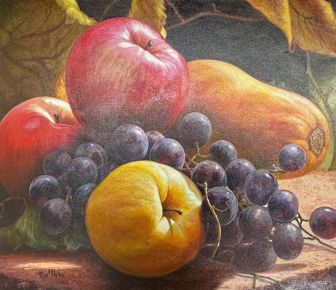 Malthon Original Oil Painting Still Life With Fruit 24 x 20 inches: Malthon. Still Life with Fruit. Original oil painting on canvas. Signed lower right. Canvas Size 24 x 20 inches. ****This Piece will be shipped rolled. This artwork is accompanied by a Gallery