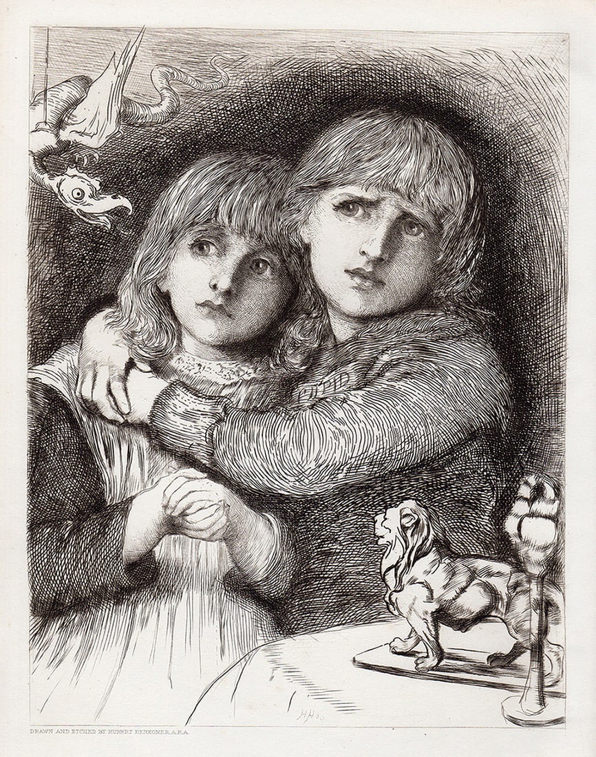 Sir Hubert von Herkomer 1881 etching Hansel & Gretel signed: Sir Hubert von Herkomer. (born as Hubert Herkomer) (British, 1849-1914).The Babes in the Wood. Hand pulled copper plate etching on wove paper. 1881. Signed in the plate. Excellent. Image Size 8 1/8 x