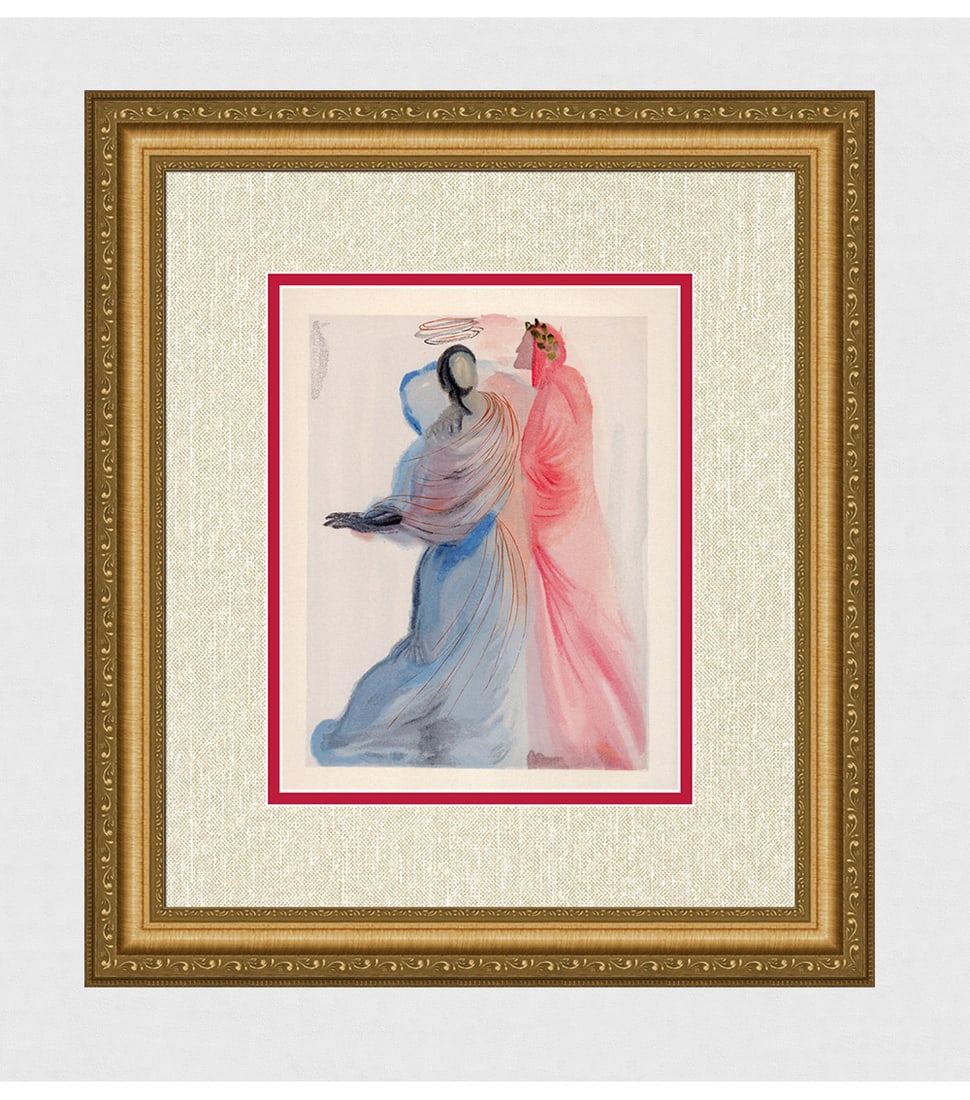1960 Salvador Dali Splendour Authentic Woodcut: Salvador Dali. (1904-1989). "Beatrice's Splendour" Paradise Canto 18. Authentic Original Color Woodcut from The Divine Comedy Printed in 1960 on B.F.K. Rives Paper ( this is not a reproduction, copy,