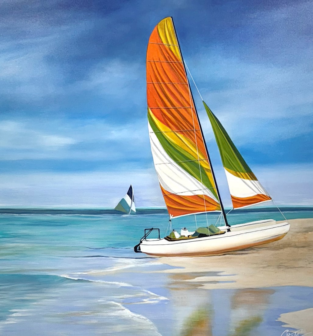 Gorgeous Patricia Chute 60 x 48 Inch Orange Sails Painting: Patricia Chute. Orange Sails. Original acrylic painting on canvas. Signed by the Artist. Canvas Size 60 x 48 inches. Patricia Chute about her art - "There are many things that I find intriguing that