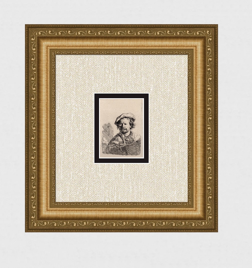 1800s REMBRANDT Etching B26 Self Portrait in a Flat Cap Durand: After Rembrandt Harmenszoon Van Rijn (1606-1669). Title: Self Portrait in a Flat Cap and Embroidered Dress. Medium: Antique hand pulled copper plate etching on laid paper after the original by master