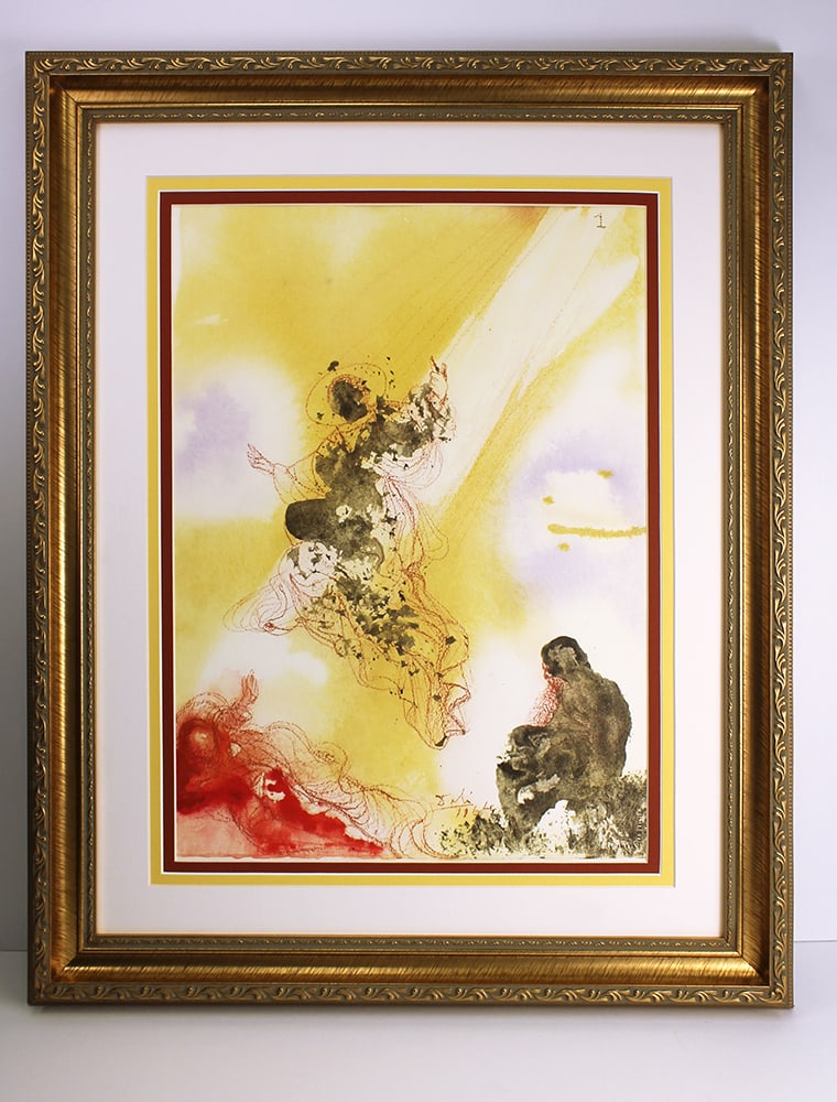 Dali Original Archangel Raphael 1967 Lithograph Framed: Salvador Dali. "Et missus est angelus Domini sanctus Raphael ut Curaret eos ambo. (And the angel of the Lord is holy, Raphael was sent to heal them both)" Mixed technique lithograph in colors on