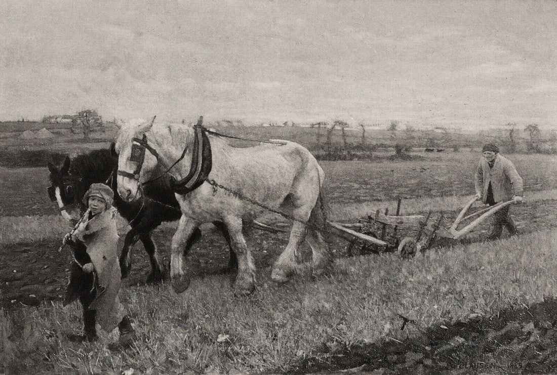 George CLAUSEN 1800s Antique Print Ploughing Signed Framed COA: Sir George Clausen (English, 1852 - 1944). Ploughing. Antique heliogravure on wove paper. Signed in the plate, lower right. Year: 1890. Image Size 6 5/8 x 9 7/8 inches. Framed dimensions