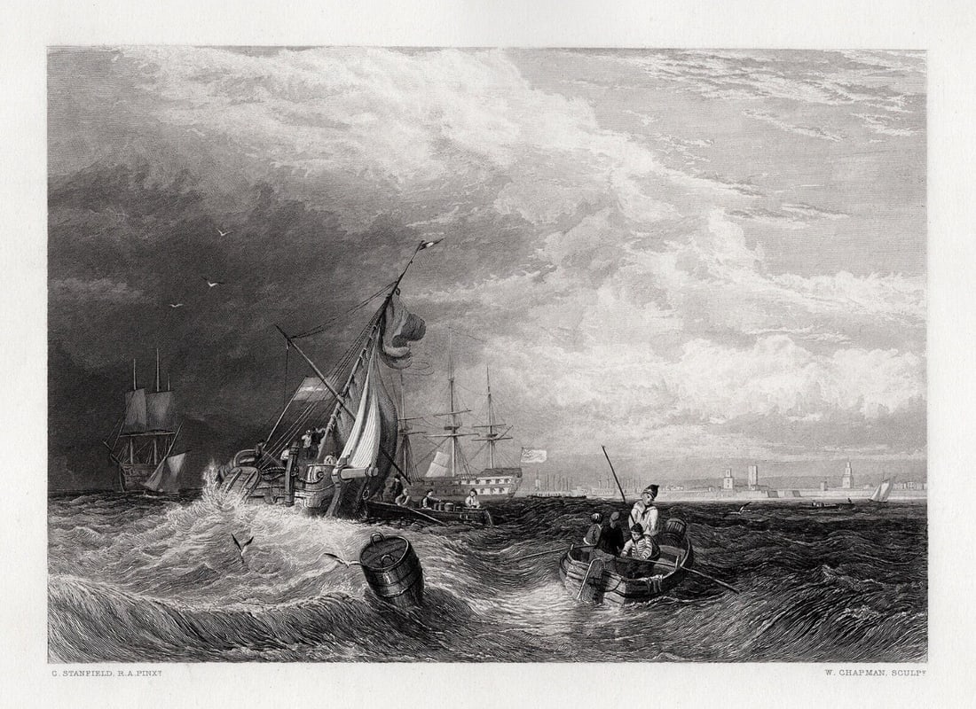 1800s Clarkson STANFIELD SIGNED Engraving Portsmouth Harbour FRAMED (1 of 3)
