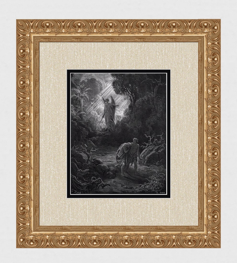 1800s Gustave DORE'S BIBLE Woodcut Adam & Eve Driven out of Eden SIGNED FRAMED: Gustave Dore (Paul Gustave Louis Christophe Dore) (French, 1832-1883). Adam and Eve Driven out of Eden (from Dore's Bible). Antique woodcut wove paper after the original by a master wood engraver Heli