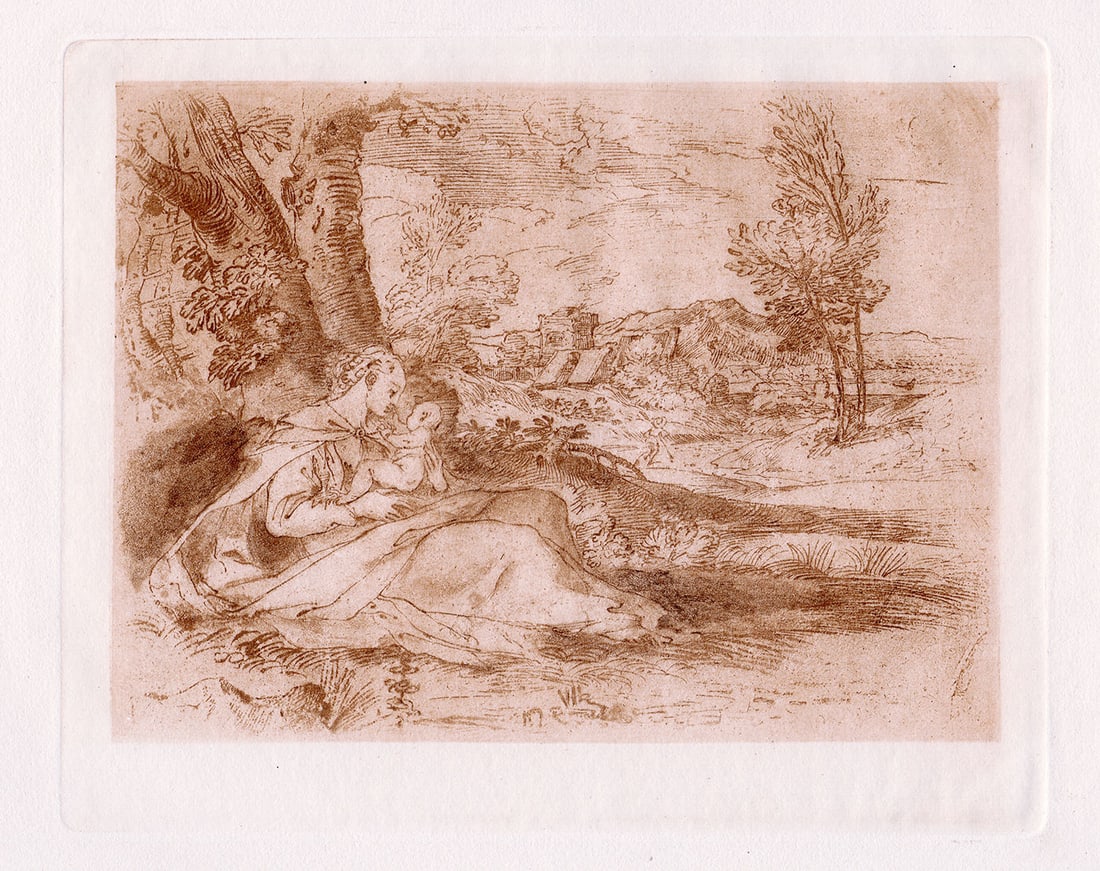 Titian Virgin and Child, with Landscape 1885 engraving: Titian. (Tiziano Vecelli or Tiziano Vecellio known in English as Titian) (Italian, c. 1485-1576). Virgin and Child, with Landscape. Antique engraving on wove paper after the original pen drawing by ma